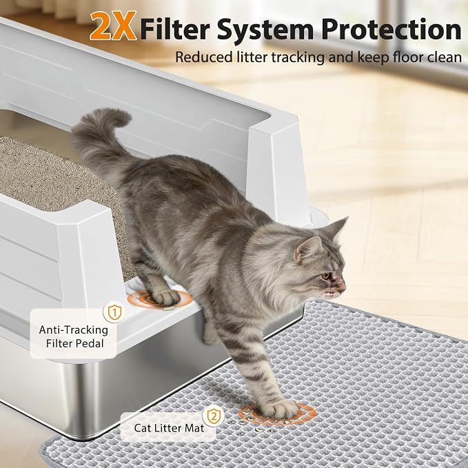FURTIME Stainless Steel Cat Litter Box, Easy-Clean High-Sided Metal Litter Box, Open-Top Litter Pan for Large Cats, Great for Multi-Cat Homes,Includes Scoop&Mat, Non-Stick, Anti-Leakage, 28"×20"×12.2"