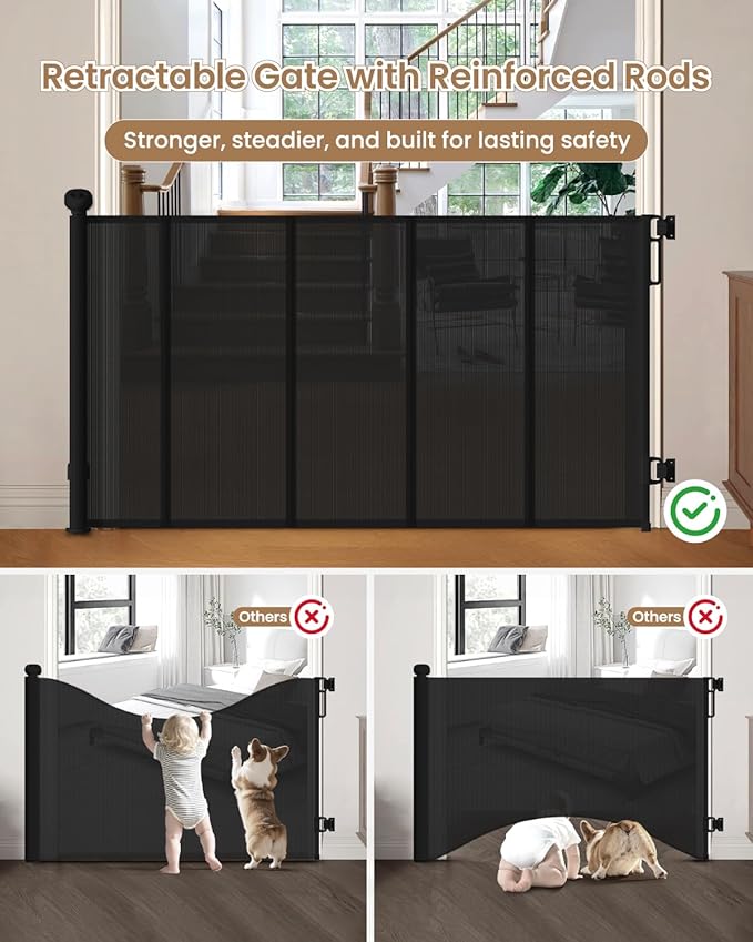 Retractable Baby Gate, 55" Wide Reinforced Mesh Baby Gate with 4 Fiberglass Support Rods for a Tighter Fit, 34" Tall Retractable Dog Gate for Stairways, Hallways and Doorways, Black