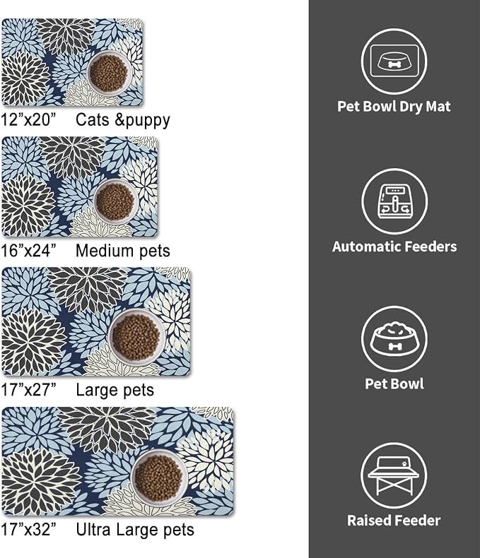 Dog Food Mats for Floors, Absorbent and Quick-Drying Pet Cat Food Mat,Anti-Fouling and Easy-to-Clean Pet Feeding Mat,Dog Bowl Mat for Messy Drinking Water Bowls.17x27, Bohemia Dahlia Floral Style