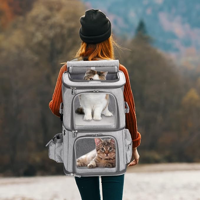 HOVONO Double-Compartment Pet Carrier Backpack for Small Cats and Dogs, Cat Travel Carrier for 2 Cats, Perfect for Traveling/Hiking/Camping, Grey, XL