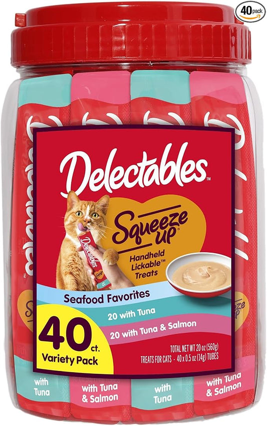 Delectables Squeeze Up Seafood Variety Pack, Creamy Squeezable Puree, Lickable Wet Cat Treats, Grain-Free, No Added Fillers, 0.5 Ounces Tube, 40 Tubes Total