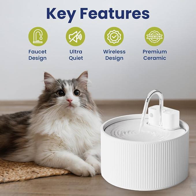 PawsPik CeramiFlow Cat Water Fountain, Ceramic Automatic Cat Fountain with Motion Sensor, Cordless Rechargeable Pet Fountain, 9 Cup Indoor Cat Fountain, Multi-Layer Filtration, Dishwasher Safe, White