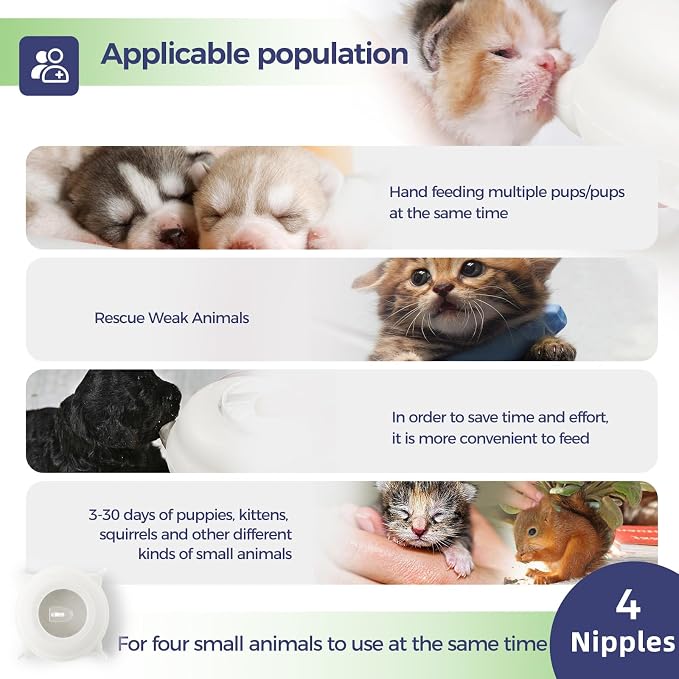 200ml Silicone Multi-Pet Milk Feeder with 4 Nipples(White) | Feeds 4 pets at once! Silicone, Stable base, Smooth milk flow. Leak-proof needles seal unused nipples. Includes syringe.