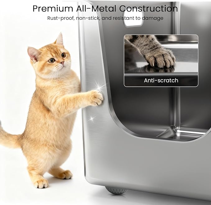 Stainless Steel Litter Box 11.8'' High Sides, XL Metal Cat Litter Box with Curved Low Entry, Cat Litter Pan for Big & Multiple Cats, Pet Toliet with Handy Wheels for Easy Moving