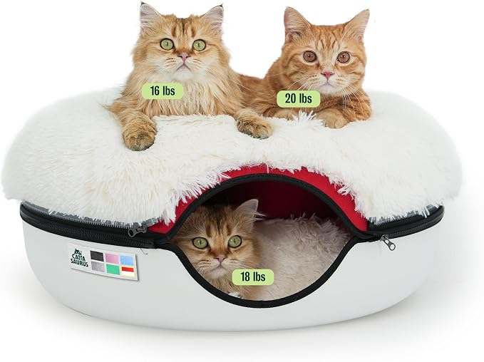 Cattasaurus Peekaboo Cat Cave for Multiple & Large Cats Up to 30-45 Lbs, Fluffy Cat Beds & Furniture, Scratch Detachable & Washable Tunnel Bed, Comfy Donut Bed (Ruby Snowball, Large (Calming))