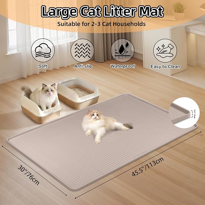 Silicone Cat Litter Mat, 45" x 30" Extra Large Litter Trapping Mat for Litter Box, Leak-Proof, Non-Slip, Kitty Litter Mats with Soft Texture for Floor, Keeping The Floor Clean (Khaki)