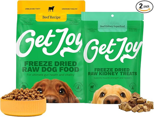 Get Joy Freeze-Dried Meal and Treats Bundle, Flexibility 100% Beef Kidney Dog Treats, 4 Ounce, and Gut Health Fresh Freeze Dried Raw Meal Dog Food, Beef Recipe, 16 Ounce