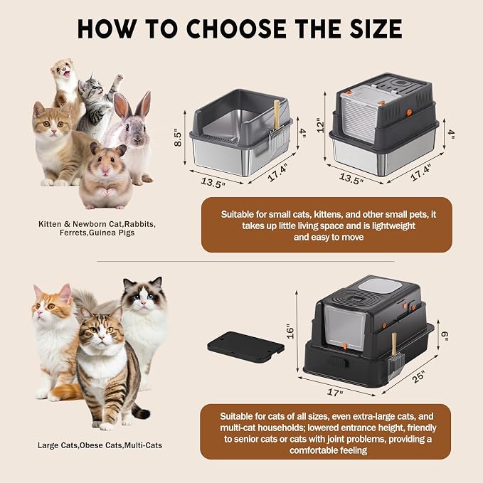 Stainless Steel Litter Box, 17.4'' x 13.5'' x 8.5'' Metal Kitty Litter Box for Small Cats Kitten High Sided Litter Boxs with Scoop Open Top Low Entry Easy to Clean Non-Sticky Anti-Leakage