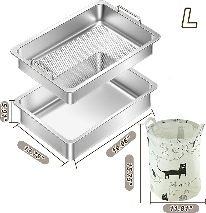 Stainless Steel Sifting Cat Litter Box for Clumping Clay Litter,Large Metal Litter Box with Litter Bag,Sifting Tray and Handle for Easy Lifting, Odor Control (19.7" x 13.7" x 5.9")