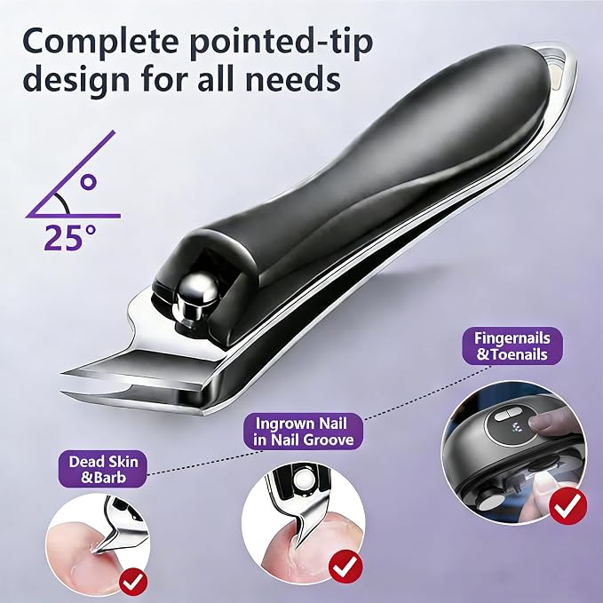 Electric Nail Clipper, 4-in-1 Improved Nail Clippers Set with LED Light & USB Rechargeable, 3 Speed Quiet & Nail Clip Storage for Baby Adults Seniors Thick Nails –Includes Oblique Nail Clippers (Grey)