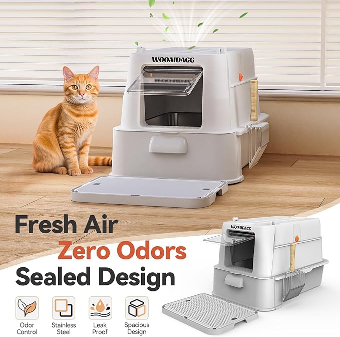 Wooaidagg Enclosed Stainless Steel Cat Litter Box with Odor Control, Modular Design with Drawer and Flip Door, Easy to Clean and Wash,Non-Stick Interior,Extra Large Size Fits All Cats(Light Grey)