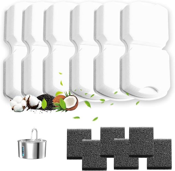 KOOGMOON Cat Water Fountain Filters: 6 Filters + 6 Sponges Cat Fountain Replacement Filters for Cat Fountain with Activated Carbon Filter and Ultra-fine Fiber