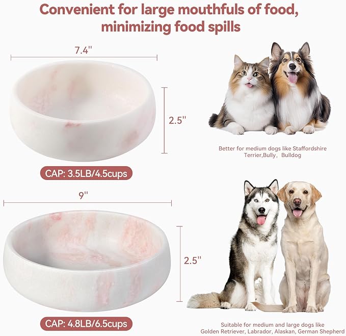Karibiber Marble Dog Bowl, 5lbs Weighted Dog Food Bowl, Non-Slip Large Heavy Water Bowls, Cute Pink Stone Food and Water Dish for Medium Dogs, Natural Marble, Easy to Clean, Holds 4 Cups
