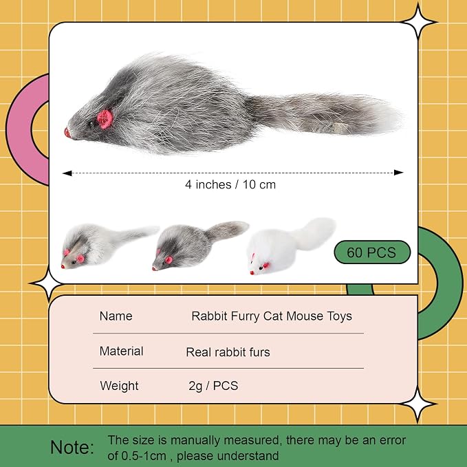 Hungdao 60 Pcs Furry Mice Interactive Catch Play Rabbit Fur Mouse Rattle Sound Rat Plush for PET Cats and Kittens, 3 Colors(White, Black, Gray)