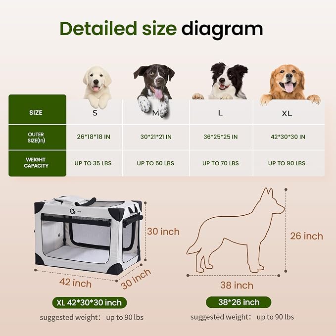 Portable Collapsible Dog Crate for Extra Large Dogs, 4 Mesh Doors & 2 Storage Bags, Indoor Outdoor Travel Dog Kennel, Grey, 42" x 30" x 30"
