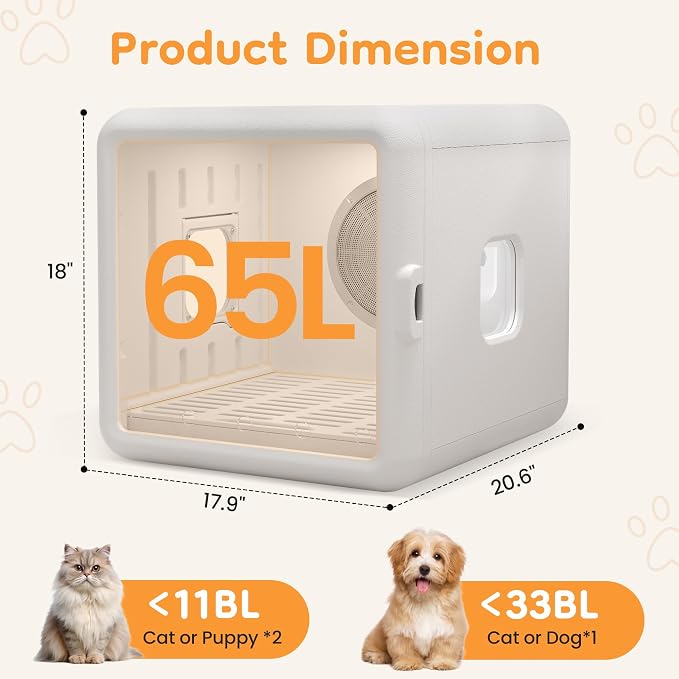FansaFurn 65L Automatic Dog Dryer Box with Smart Timer, Pet Dryer Box with 360° Warm braw and Ultra Quiet, Smart Temperature Control, Cat Dryer for Cat and Small Dogs
