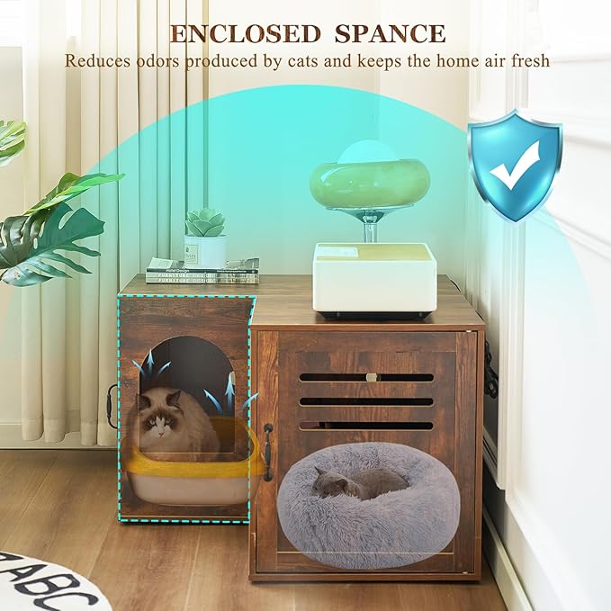 Corner Cat Litter Box Enclosure, 31.5" Hidden Litter Box Furniture for 2 Cats, Indoor Cat House End Table with Double Room, Vintage Brown