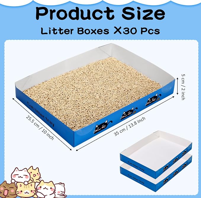 Amyhill 30 Pack Disposable Cat Litter Box 13.8x10x2in Foldable Paper Kitty Trays Bulk Portable Water Proof Cardboard Boxes for Cats Rabbits Guinea Pig Hamster Pets Travel Indoor Supplies(Royal Blue)