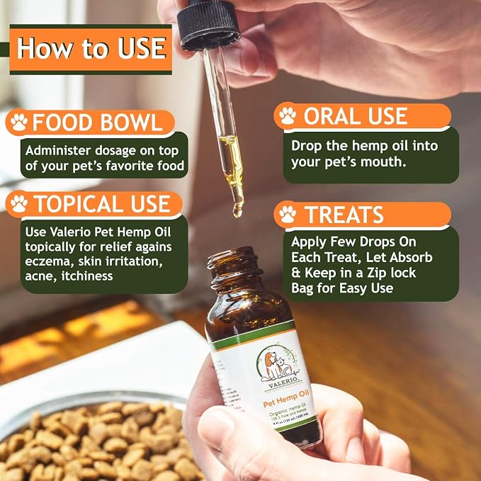 Valerio Pets Hemp Oil for Dogs and Cats , 4 Oz , - Hemp Oil Drops with Omega Fatty Acids - Hip and Joint Support and Skin Health