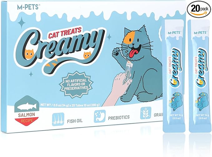 M-PETS Rich Salmon & Omega-3 Lickable Cat Treat – 20 Tubes of Healthy Squeeze Up Creamy Snacks with Functional Nutrients & Beta-Carotene for Immune, Skin & Coat Support – Grain Free, High Protein