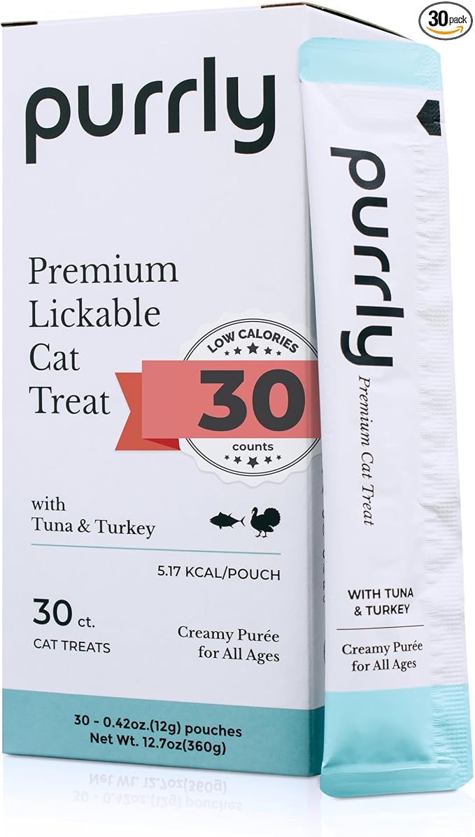 Purrly Lickable Cat Treat Healthy Human-Grade Tuna & Turkey with L-Lysine & Astaxanthin for Immunity (30 Count) Soft Low Calorie Hydrating Interactive Snack Wild-Caught Farm-Grown Grain-Free