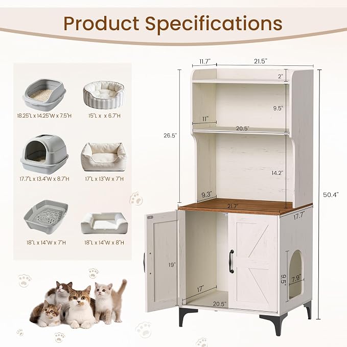 Snughome Cat Litter Box Enclosure with Storage Shelves, 2-in-1 Modern Cat Litter Box Enclosure Furniture Hidden, Wooden Cat Washroom Cat House with Metal Legs, Fit Most of Litter Box, White