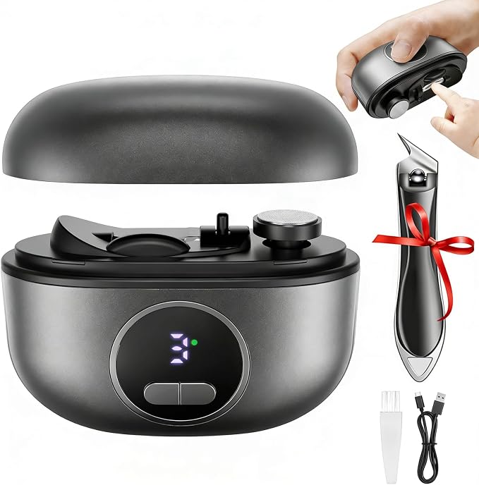 Electric Nail Clipper, 4-in-1 Improved Nail Clippers Set with LED Light & USB Rechargeable, 3 Speed Quiet & Nail Clip Storage for Baby Adults Seniors Thick Nails –Includes Oblique Nail Clippers (Grey)