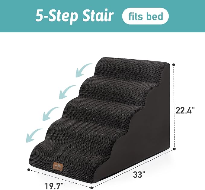 COZY KISS Extra Wide Dog Stairs 19.7" Width, Large Pet Step for Small Medium Dog, Puppy or Cat, Ramp for High Bed or Car, High Density Foam Ladder, Stable, 5 Step, 19.7x33x22.4 inch, Black