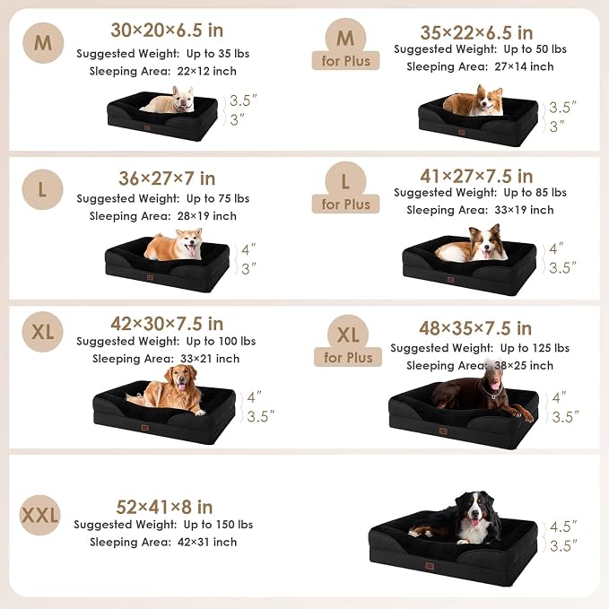 EHEYCIGA Orthopedic Dog Bed for Medium Dog, 35x22 Inch Memory Foam Dog Couch Bed with Sides, Waterproof Liner & Washable Removable Cover, Bolster Pet Sofa, Black