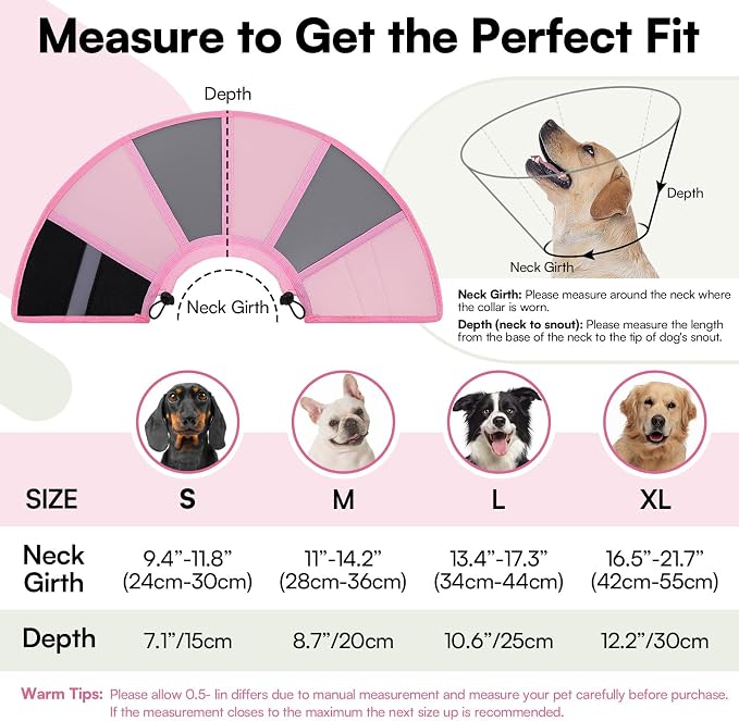 Queenmore Dog Cones for Medium Dogs, Soft Dog Cone, Cone for Dogs After Surgery, Adjustable Recovery Collar for Wound Healing, Comfortable Pet E-Collar to Stop Licking (Light Pink,M)