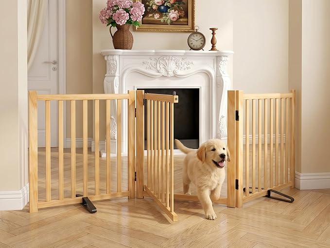 Dog Gate Indoor, 23" H Wooden Freestanding Puppy Gate, No-Painted Foldable Dog Barrier with Door Walk Through, Portable Fence for Stair, Doorway- 3 Panels