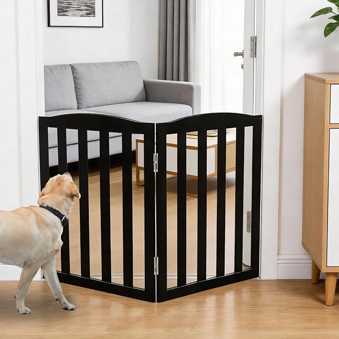 Freestanding Dog Gate Indoor,Doggie Gate Foldable Pet Gates for Doorways,Stairs or Hallways, Wooden Black Pet Gate for the House, Pet Fence,24 "Height-2 Panels