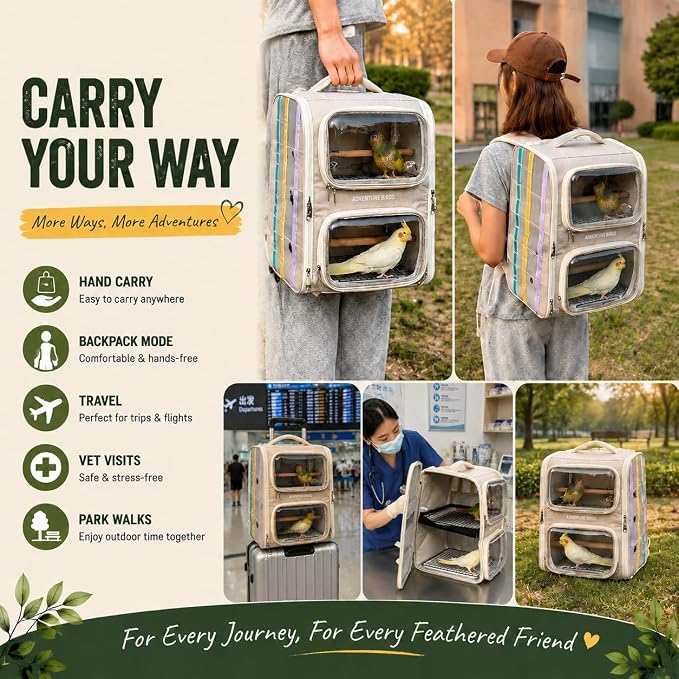 Bird Backpack Carrier for Parrots, Double Layer Bird Travel Cage with Removable Mesh Tray & Perch, Portable Ventilated for Multiple Small Birds Parakeet Cockatiel Conure