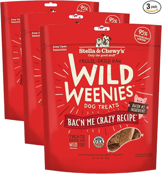Stella & Chewy's Freeze-Dried Raw Wild Weenies Dog Treats - High-Protein Training Treats for Dogs & Puppies - All-Natural Bacon Recipe with 95% Meat & Organs - USA Made - 3 oz Bag (Pack of 3)