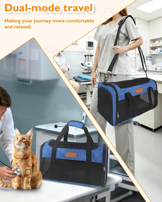 PETUX Airline Approved Pet Carrier for Small Cats up to 12 lb, Blue | 17x11x9.5 in, Underseat, Top & Side Entry, Soft Sided Cat Carrier with Breathable Anti-Scratch Mesh for Travel & Vet