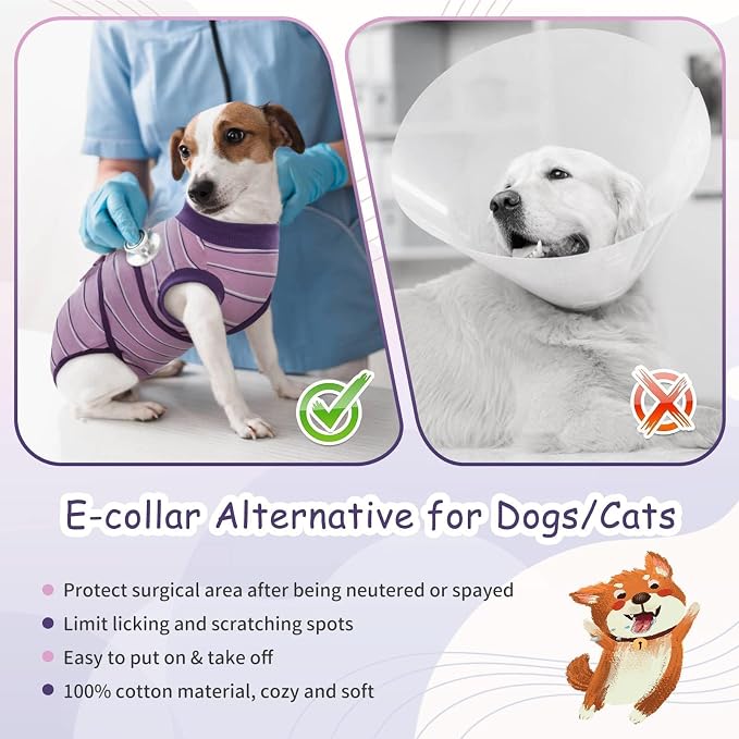 Kuoser Dog Surgery Recovery Suit, Soft Breathable Dog Recovery Suit for Female Spay Male Nueuter, Anti Licking Puppy Onesie Pet Surgical Suit for Dogs Abdominal Wounds Skin Disease, Purple Strips XS