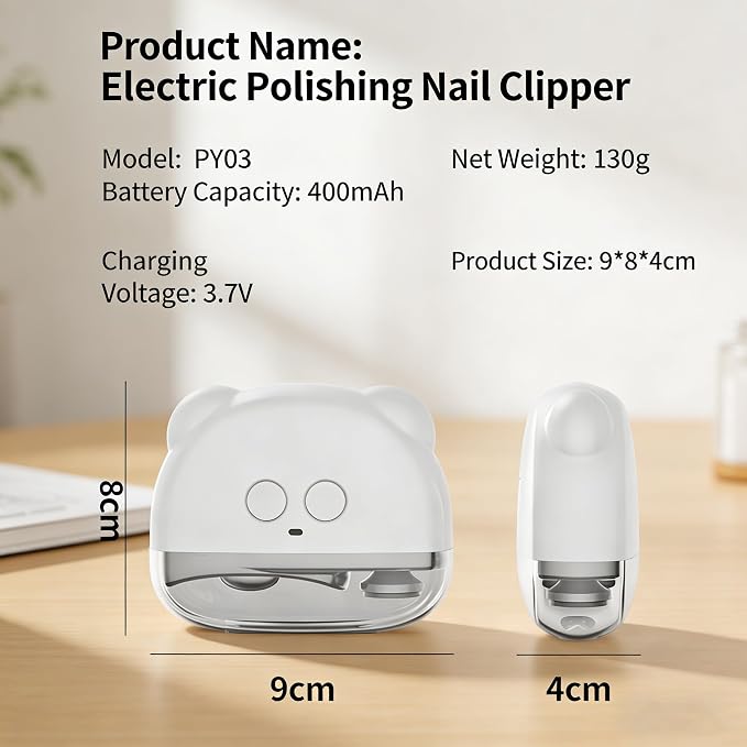 Electric Nail Clippers, Electric Nail Trimmer with LED Light & Nail Filer, Automatic Toenail Clipper with Polishing, Rechargeable Electric Nail Clipper for Seniors, Women, Men (White)