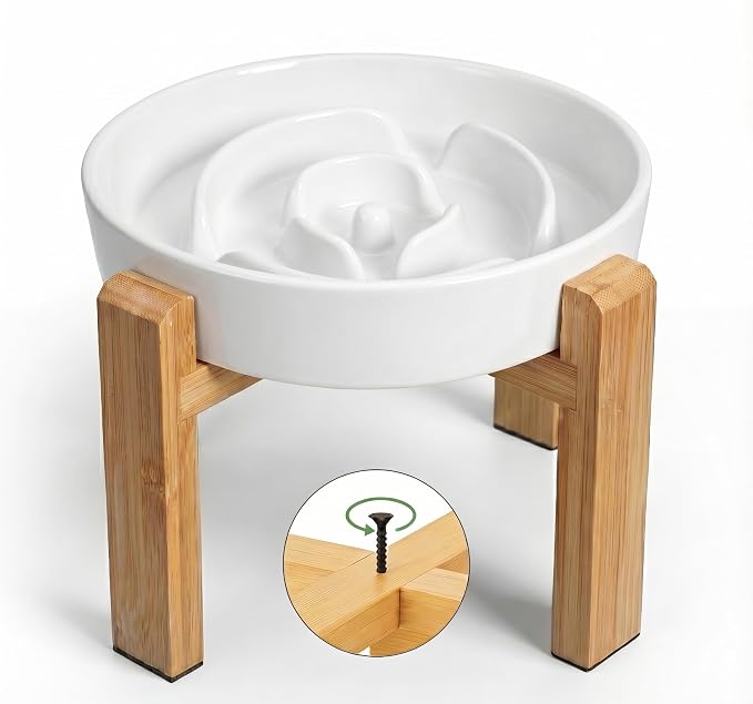 Elevated Slow Feeder Dog Bowl Large Breed, 8.8 Inch Ceramic Slow Eating Bowl with Screw-Assembled Bamboo Stand, Anti-Choking Raised Maze Design for Medium to Large Dogs, 3.2 Cup, White