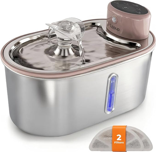 Wireless Cat Water Fountain Stainless Steel 108oz/3.2L, Cordless, Battery Operated Cat Fountain (Last up to 50 Days), Ultra Quiet, 2 Flow Modes, Multi-Filtration, BPA Free, Includes 2 Filters - Creamy