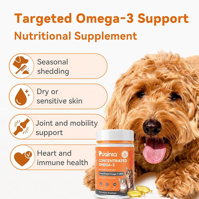 PUAINTA Omega 3 Fish Oil for Dogs & Cats, 80% EPA DHA, Skin & Coat, Itch & Shedding Support, Joint & Immune Health, Wild Icelandic Fish & Krill Oil Softgels (90 Count)