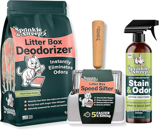 Sprinkle & Sweep: Litter Box Deodorizer Bundle: 8oz Bag, Speed Sifter, 24oz Odor & Stain Spray - Cat-Kitten Litter Care, Enzyme Spot Treatment Cleaner