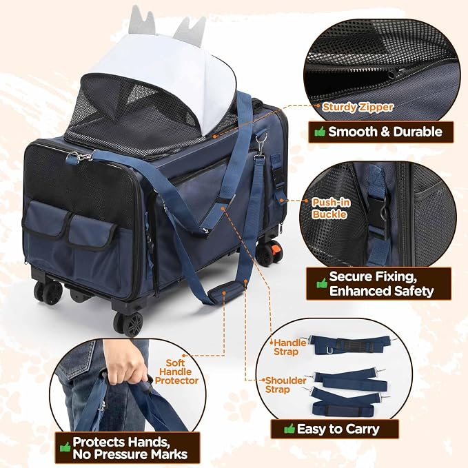 3-Sided Expandable Pet Cat Carrier with Wheels & Hammock, 24-Inch Soft-Sided Portable Rolling Pet Carrier for Large Cats, Medium & Small Dogs, Detachable for Travel, Camping, Outdoor Walks