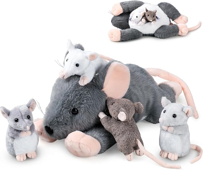 Arrowbash 5 Pcs Mouse Stuffed Animals Set - 14'' Large Mommy Rat Plush with 4 Small Mouse Babies in Zippered Tummy Stuffed Rat Plush Toys for Kids Girls Boys Valentine Birthday Gift(Adorable Style)