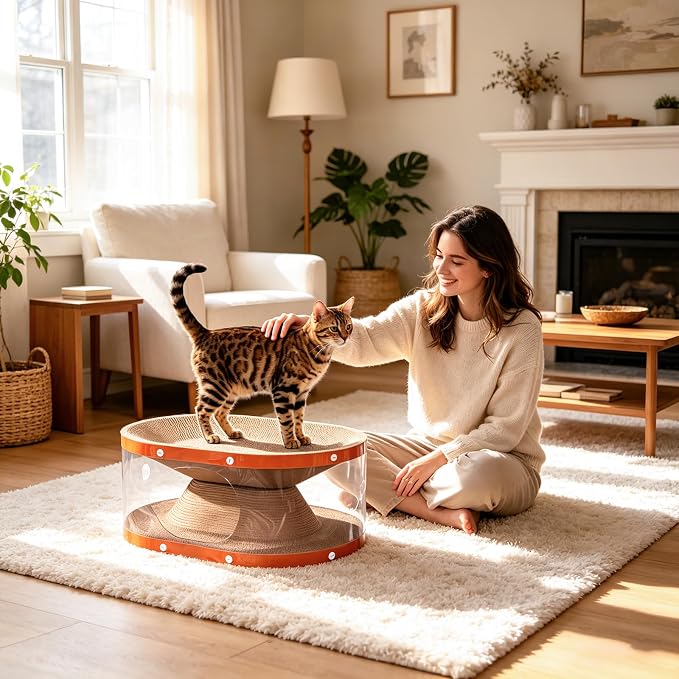Homegroove Cat Scratcher Bed with Transparent Tunnel, 2-in-1 Cat Bed & Cardboard Scratcher for Indoor Cats, Multi-Level Cat Furniture with Curved Lounger and Play Tunnel (Wood, Regular)