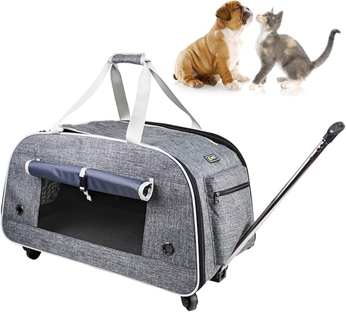 Pet Carrier with Wheels, Dog Rolling Travel Carrier Cat Carrier,Soft Sided,Small Dog and Cat Carrying Bag with Telescopic Walking Handle for Cats Dogs Rabbits Kittens Puppies