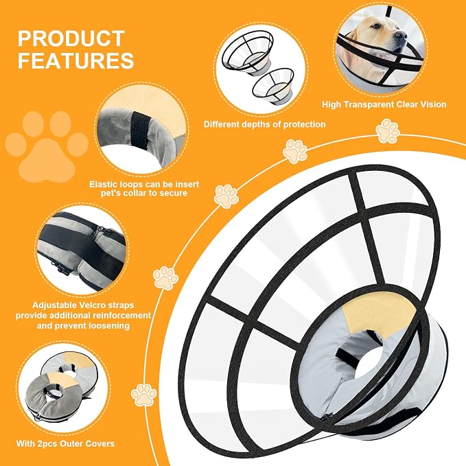 Sponge Core Dog Cat Cone Collar for After Surgery Recovery, Inflatable Dog Cone Alternative, Lainergie Dogs Donut Collar Adjustable with 2PCS Cover for Large Medium Small Dogs Cats (Grey+Yellow, XXL)