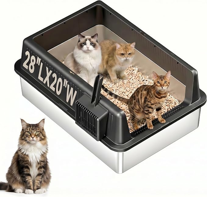 XXXL Stainless Steel Cat Litter Box with Lid (Black-A)