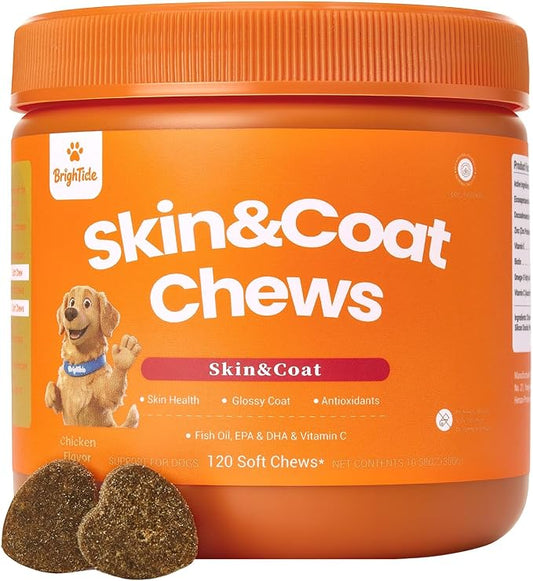 Omega 3 Fish Oil Skin & Coat Supplement for Dogs - 120 Chicken Flavor Chews | EPA & DHA - Relieves Itchy Skin, Reduces Shedding, Supports Hip & Joint, Immune Health