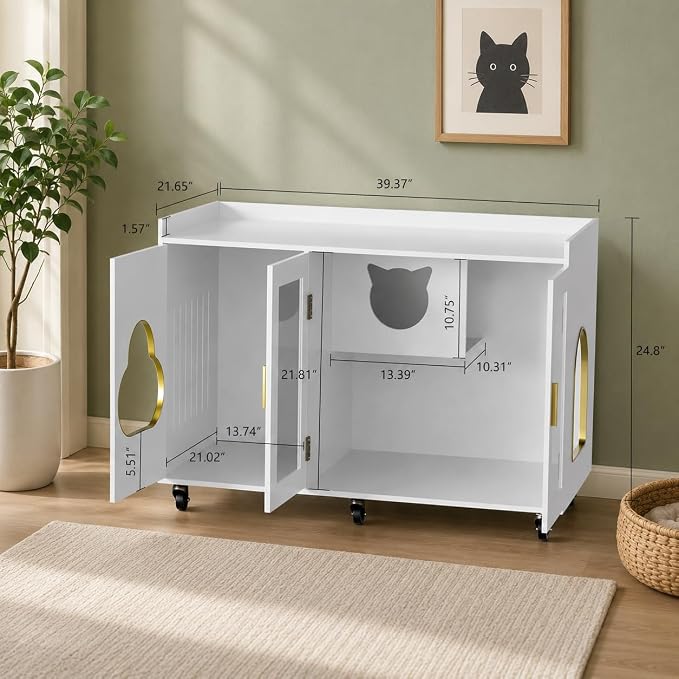 Cat Litter Box Enclosure, Large Cat Litter Box Furniture Transparent Glass Door, Fit Most of Litter Box, Modern Indoor Partitioned Cat House, End Table, 39.4 X 21.7 X 24.8 Inches, White