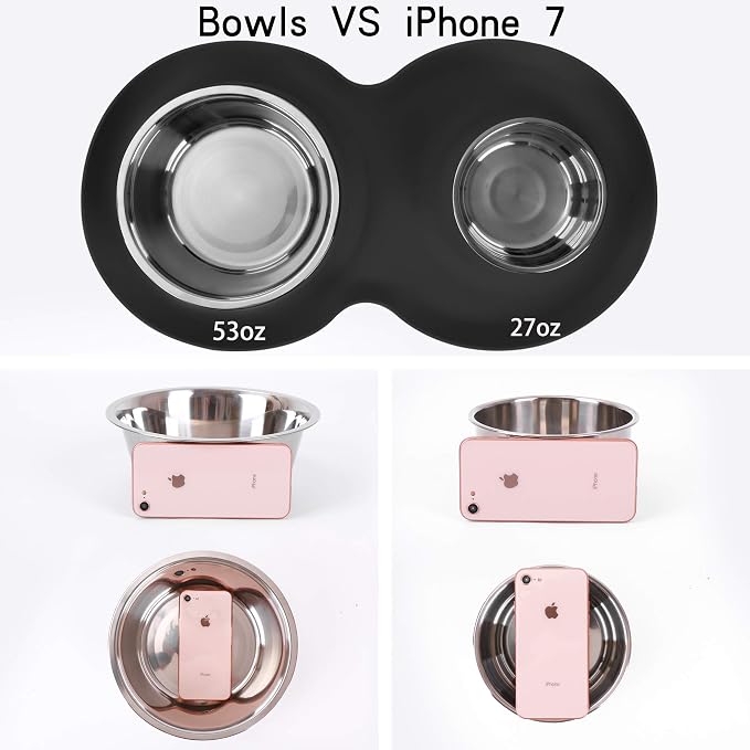 100% Waterproof BPA Free Pet Dog Bowls2 Stainless Steel（53oz+27oz） with 1.35“ Raised Edge Silicone Mat + Slow Feed Dog Water and Food Bowls for Feeding Small Large Dogs Cats Puppies (Black)